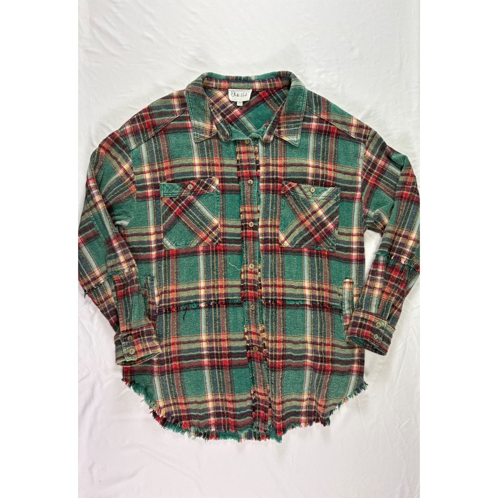 Oli & Hali Plaid Button Down Shacket Womens S Green Raw Hem Grunge Shabby Boho - Picture 7 of 10